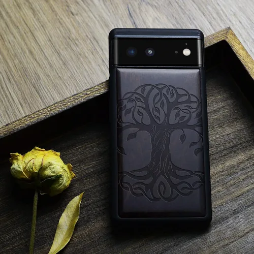 Vista 5 de Carveit Funda de madera para Pixel 6 [madera real dura y TPU suave] a prueba de golpes, funda protectora híbrida única y elegante de madera