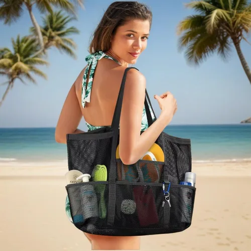 Vista 3 de Bolsa de playa de malla para mujer, plegable, para natación, vacaciones y bolsa de juguetes
