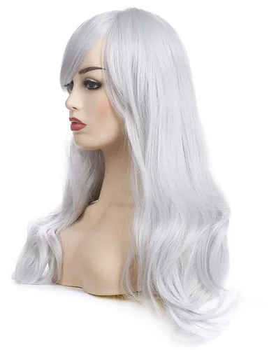 Vista 4 de Morvally - Peluca de cabello sintético lacio y ondulado con flequillo 23 pulgadas de largo resistente al calor para Cosplay disfraz de Halloween