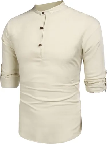 Vista 5 de COOFANDY Camisa Henley de algodón y lino para hombre, camisas de manga larga para playa, hippie