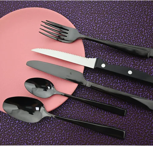 Vista 3 de Juego de cubiertos de mango grueso de 24 piezas, acero inoxidable 18/10 negro antiguo con cuchillo para carne, juego de cubiertos pulidos de espejo