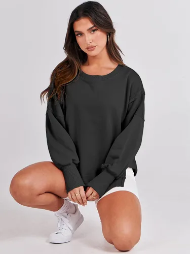 Vista 4 de ANRABESS Sudadera de gran tamaño para mujer, cuello redondo, manga larga, casual, con abertura, sin botones, ropa de otoño