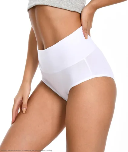 Vista 2 de Comfneat Paquete de 4 calzoncillos de cintura alta para mujer, ropa interior elástica de algodón y elastano