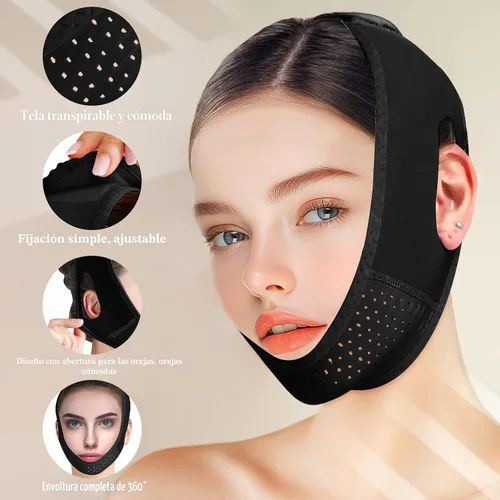 Vista 3 de Máscara reutilizable de línea V con correa para la barbilla, máscara facial en forma de V para flacidez, ejercitador de mandíbula (Negro)