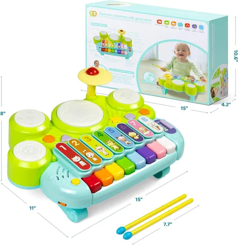 Vista 6 de Marstone Juguetes para niños y niñas de 1 año: Juguetes musicales para bebés de 1 a 3 años, juego de batería de piano para bebés de 6 a 12 meses, 12