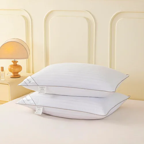 Vista 2 de Juego de 2 almohadas de plumas de ganso, 100% algodón, diseño de rayas, blanco, tamaño Queen (paquete de 2)