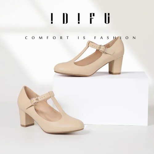 Vista 2 de IDIFU Zapatos de vestir para mujer, zapatos de vestir Mary Jane, zapatos de vestir bajos y gruesos con correa en T, zapatos de boda para novia