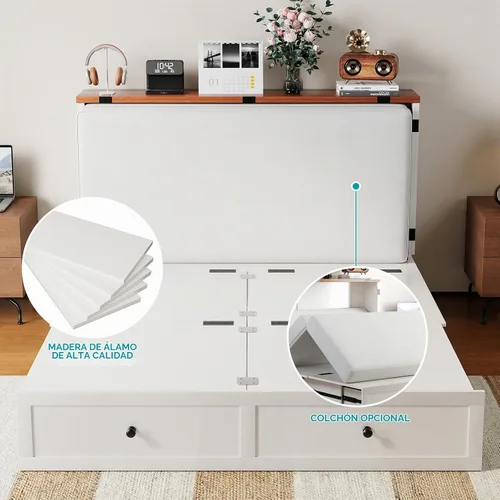 Vista 6 de BALUS Cama Murphy de tamaño matrimonial con colchón incluido, cama Murphy de 57 pulgadas de ancho con estación de carga USB y 2 cajones