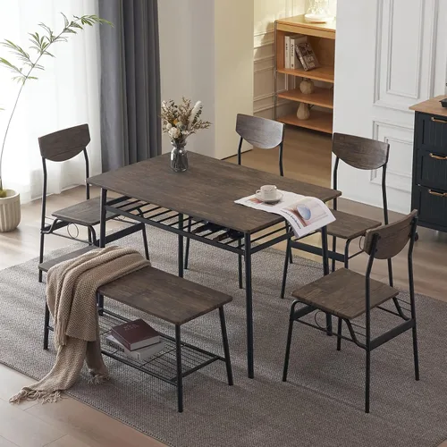 Vista 3 de Juego de comedor moderno de 6 piezas para el hogar, cocina, comedor con estantes de almacenamiento, marco de acero, mesa rectangular con 1 banco y 4