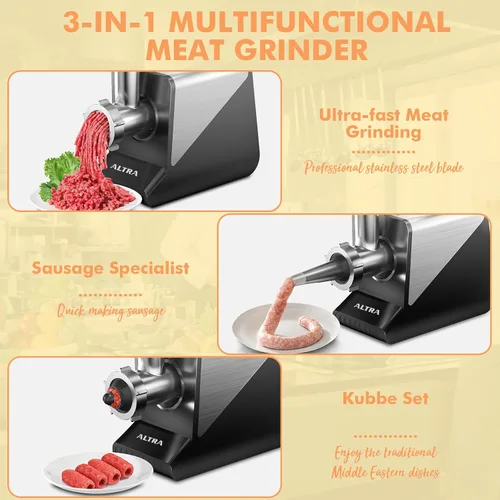 Vista 5 de ALTRA LIFE - Molinillo eléctrico de carne, relleno de salchichas máximo de 2800 W con 2 cuchillas, 3 platos, tubo de salchicha, rallador de queso