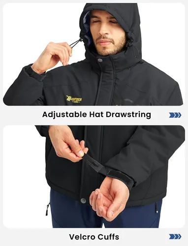 Vista 5 de TBMPOY Chaquetas de esquí para hombre, impermeables, para nieve, forro polar grueso, con capucha, para clima frío, cálido, trabajo en hielo al aire