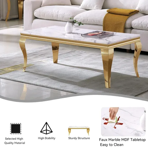 Vista 3 de Mesa de centro moderna, mesa central rectangular de mármol sintético blanco de 47 pulgadas, mesa de té de cóctel con acabado espejo dorado, base