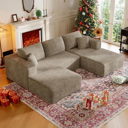 Vista 18 de Sofá modular sin hueso de 134.6 pulgadas para sala de estar, sofá modular de pana en forma de U con diván y almohadas, sofá seccional de 4 asientos
