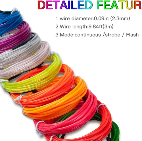 Vista 3 de Lychee cables de Neon brillante intermitente electroluminiscente con/batería para fiestas, decoración de Halloween