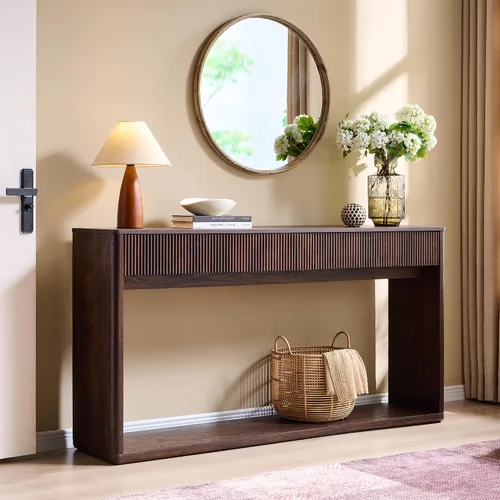 Vista 11 de OKD Mesa consola acanalada de 63" para entrada, mesa de entrada moderna con 2 cajones grandes, mesa de sofá larga detrás del sofá para sala de Roble