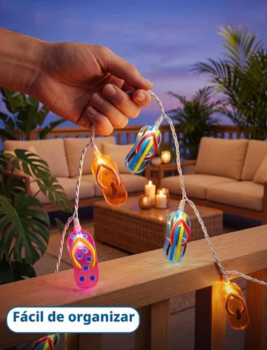 Vista 3 de Luces de cadena tricolor de pantuflas de 8.5 pies, luces de chancletas con temática de playa tropical al aire libre con 10 bombillas de plástico