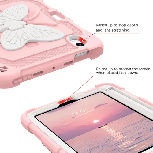 Vista 7 de DUEDUE Funda para iPad mini 7 (A17 Pro) 2024, iPad mini 6 2021, alas de mariposa con soporte para lápiz, funda protectora a prueba de golpes