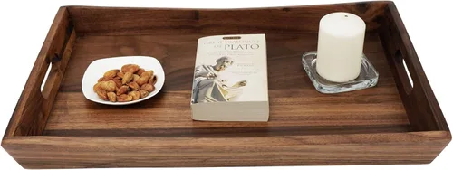 Vista 5 de Bandeja otomana rectangular curvada de madera de nogal negro de 22 x 14 pulgadas con asas, sirve té, café, bandeja decorativa de madera clásica