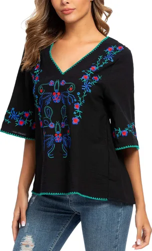 Vista 3 de YZXDORWJ Blusas estilo túnica mexicanas con bordado bohemio de verano para mujer