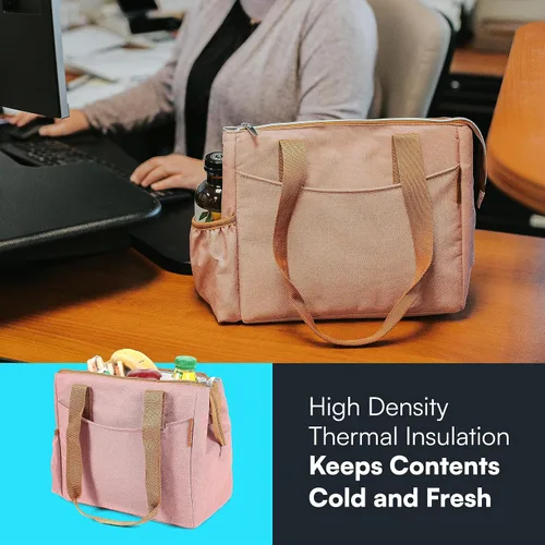 Vista 5 de Arctic Zone Bolsa de almuerzo aislada para mujer, bolsa de almuerzo más fresca Bronceado rosa jaspeado