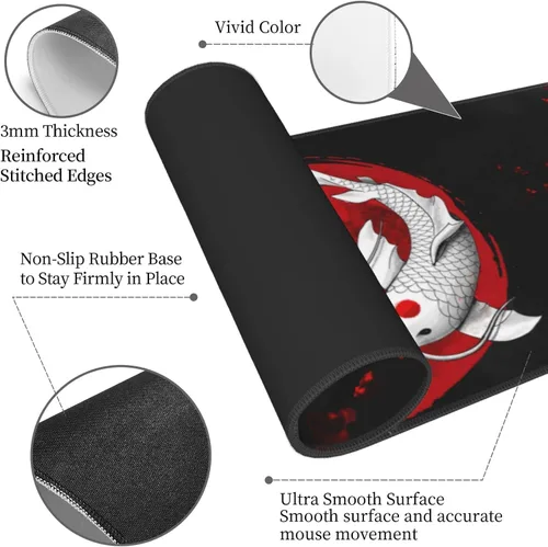 Vista 4 de Alfombrilla de mouse japonesa Koi XL extendida, alfombrilla de mouse para computadora Yin And Yang Koi - Alfombrilla de ratón grande