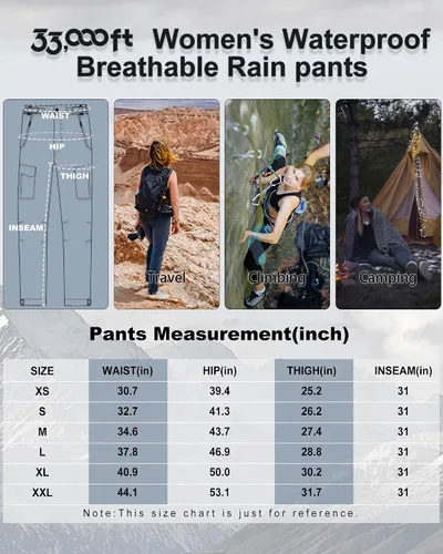 Vista 6 de 33,000ft Pantalones de lluvia para mujer, impermeables, ligeros, transpirables, pantalones de senderismo