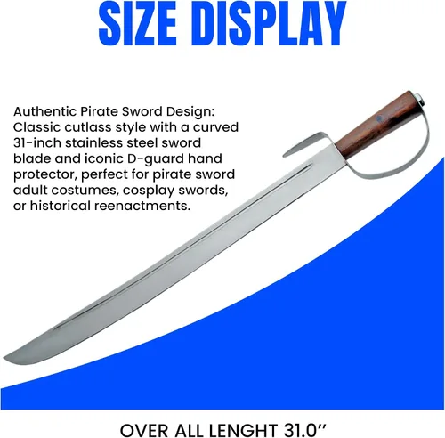 Vista 2 de SZCO Supplies - Espada pirata Cutlass de 31 pulgadas con D-Guard, espada de sable pirata con hoja de acero inoxidable, espiga completa, mango