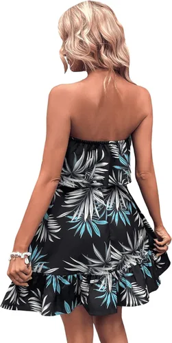 Vista 2 de SOLY HUX Vestido de verano floral para mujer, estilo casual, estampado de hojas tropicales, sin mangas, dobladillo con volantes, mini vestido de tubo