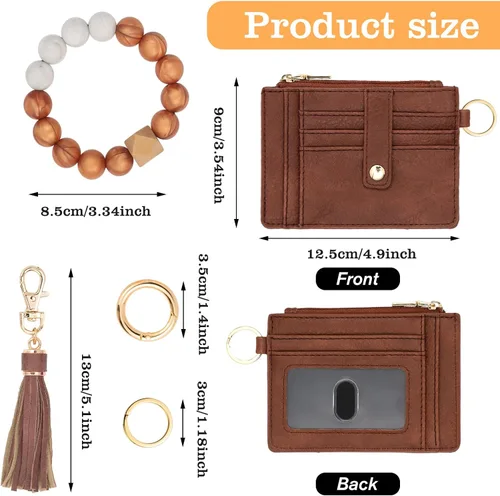 Vista 3 de KNGITRYI Cartera llavero pulsera para mujer, delgado RFID tarjeta de crédito, monedero, borla llavero brazalete para hombres y mujeres, Marrón, Rfid