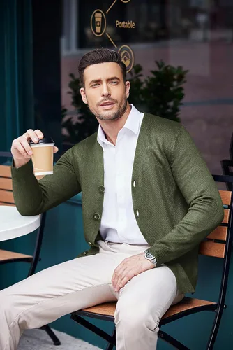 Vista 3 de COOFANDY Suéter de punto con cuello en V para hombre, casual, ligero, con botones
