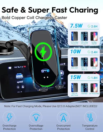 Vista 6 de Soporte inalámbrico para cargador de automóvil, carga rápida, sujeción automática de 15 W, soporte inteligente de inducción de control dual