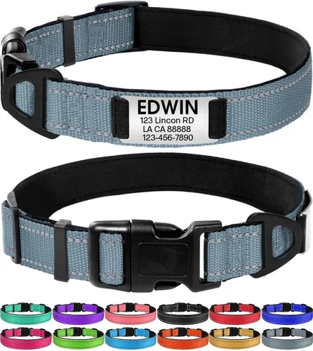 Vista 10 de Joytale Collares para perros personalizados, collar de nailon reflectante con placa de nombre grabada, personalizado para perros pequeños, negro, S