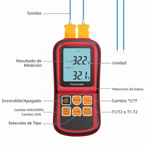 Vista 2 de KAMTOP Termómetro de termopar de doble canal, medidor de temperatura tipo K