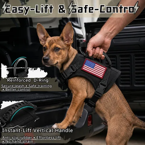 Vista 5 de Arnés táctico para perro pequeño, a prueba de escapes, chaleco militar para perro con mango vertical, arnés ajustable XS para cachorros con Negro