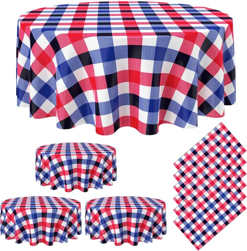 Vista 20 de Remagr Mantel Desechable de Cuadros Redondo de Plástico Buffalo Plaid Mantel de Mesa de 84'' Cubierta de Mesa Gingham para Picnic Camping BBQ Fiesta