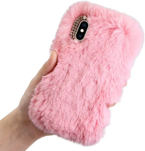 Vista 10 de LCHDA Funda de felpa para iPhone 7/iPhone 8, funda de piel de conejo, funda mullida y esponjosa para niñas, lindo pelo cálido de invierno, funda
