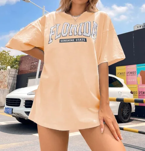 Vista 5 de MISSACTIVER Camiseta con estampado gráfico de letras de Florida para mujer, de manga corta, cuello redondo, hombros caídos, casual, camiseta, Rosado
