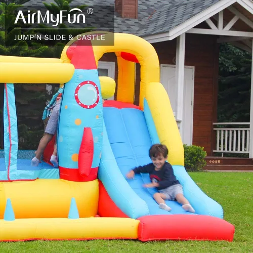 Vista 5 de AirMyFun Casa inflable para saltar, castillo hinchable con soplador de aire, casa de juegos con piscina de bolas, tobogán inflable para niños