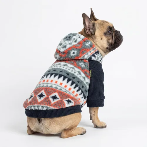 Vista 2 de Fitwarm Geometric Stripe Fleece Dog Hoodie, Fuzzy Winter Clothes for Small Dogs Boy Girl, Cozy Pet Sweatshirt, Orange, Grey, Black, XS