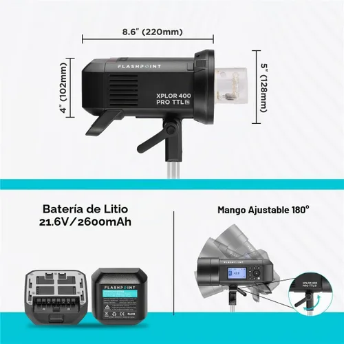 Vista 7 de Flashpoint XPLOR 400 PRO TTL - Luz estroboscópica HSS con batería de iones de litio con R2 integrado de 2.4 GHz, monolight inalámbrico Bowens Mount