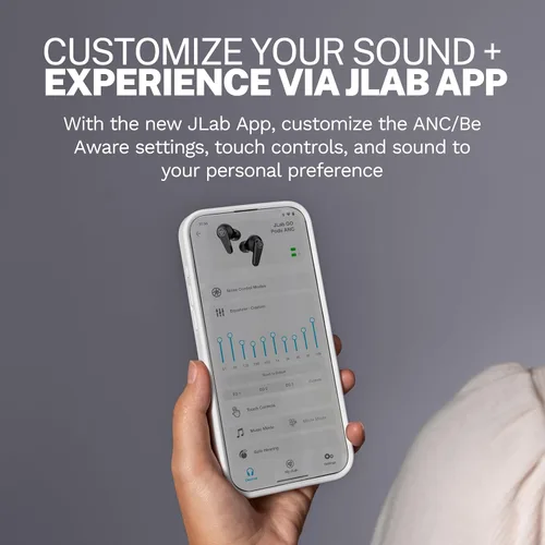 Vista 5 de JLab Go Pods ANC Auriculares Bluetooth verdaderamente inalámbricos y funda de carga, cancelación de ruido activa híbrida + Be Aware para una escucha
