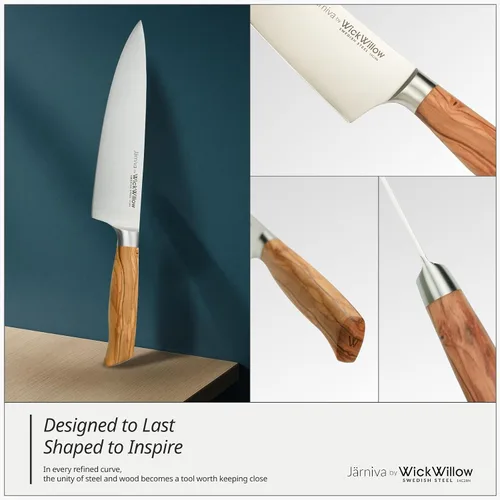 Vista 6 de WICKWILLOW - Cuchillo de chef de 8 pulgadas – Cuchillo de cocina de acero sueco ultra afilado con mango de madera de olivo italiano – Cuchillo