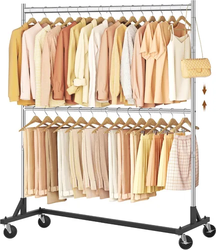 Vista 13 de Hoctieon Estante de doble barra Z, estantes de ropa rodantes con base en Z, perchero ajustable para ropa, perchero de pie para ropa de pie, perchero