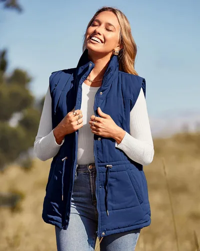 Vista 2 de BTFBM Chaleco casual para mujer, con botones, con cremallera, acolchado, con cordón, sin mangas, con bolsillos