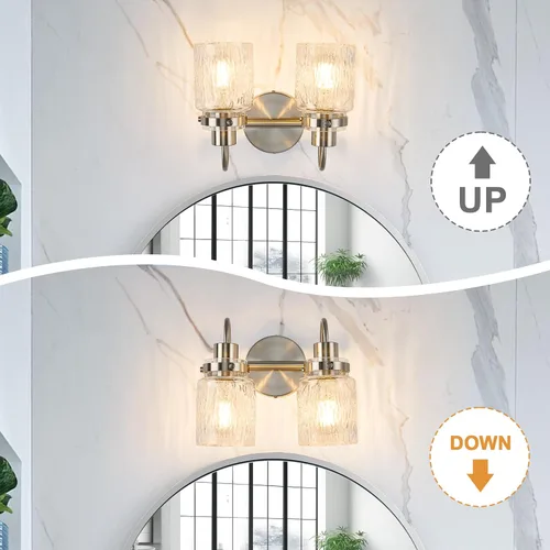 Vista 4 de 2 luces de tocador de baño, lámparas de baño de níquel cepillado con pantalla de vidrio martillado para tocador, sobre espejo, pasillo