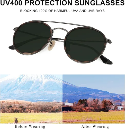 Vista 3 de Sumato Lentes de sol redondos retro de doble puente para mujeres y hombres, doble vigas circulares UV400 Sunnies Tortoise con lente verde, Tortuga