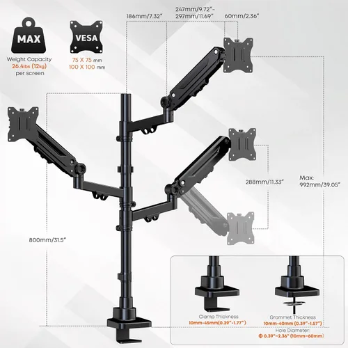 Vista 3 de Soporte para monitor triple para pantallas de hasta 35 pulgadas, soporte ultraancho de alta resistencia con brazo de resorte de gas de 26.5 lbs