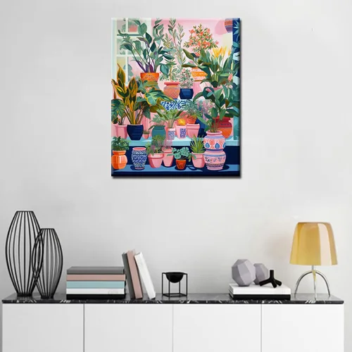 Vista 3 de Kit de pintura digital de plantas coloridas en macetas por números para adultos, juego de pintura al óleo acrílica para principiantes, plantas
