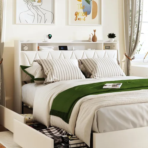 Vista 6 de Base de cama Queen con cabecera ergonómica, base de cama de plataforma tamaño Queen con tomas de corriente y cargador, marco de cama de metal