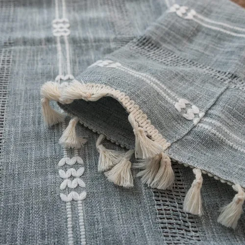 Vista 7 de 2 paneles de cortinas de lino semiopacas para ventana, bohemias y rústicas, con rayas bordadas y bolsillo para cortinero, para sala de estar